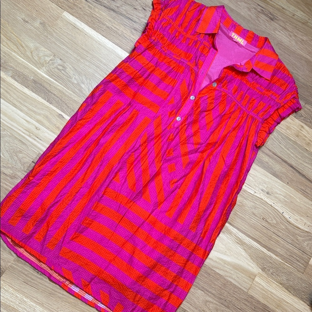 THML Fuchsia & Orange Vibrant Striped Cap Sleeve Collared Shift Dress Women’s XS